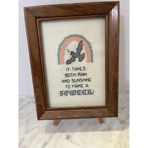 VTG 90's Framed Cross Stitch "It Takes Both Rain & Sunshine To Make A Rainbow"